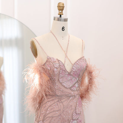 Luxury Pink Evening Dress with Feathers Scarf