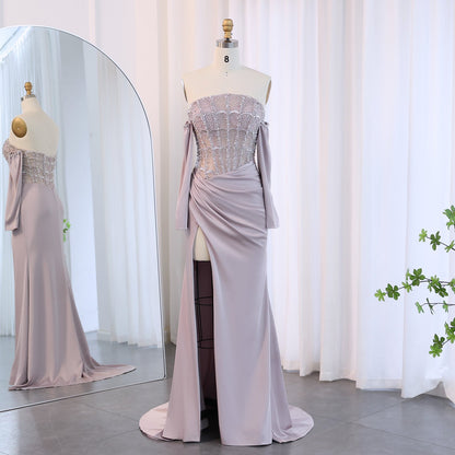 Luxury White Scalloped Evening Dress with High Slit