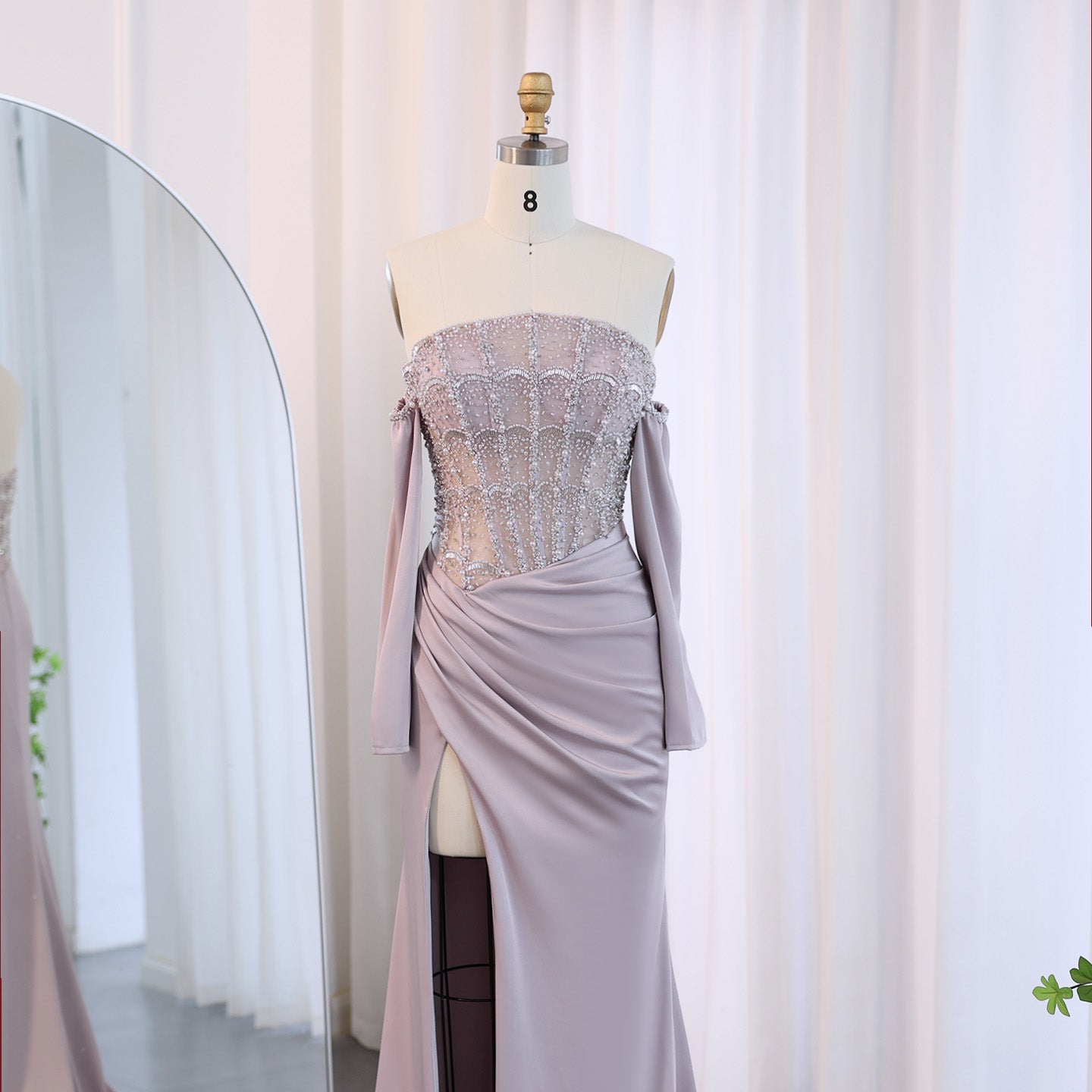 Luxury White Scalloped Evening Dress with High Slit