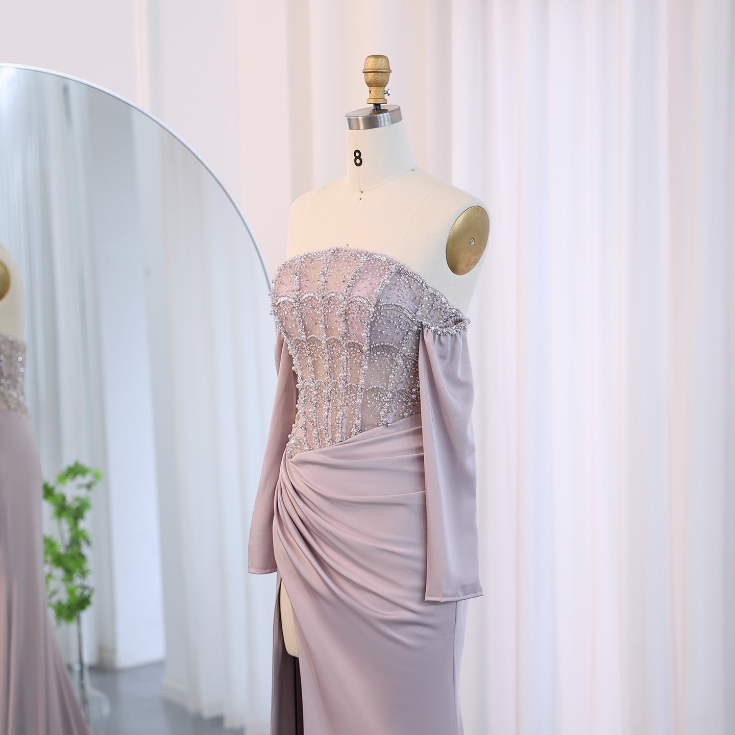 Luxury White Scalloped Evening Dress with High Slit