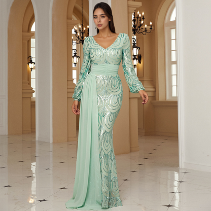 Long Sleeve V-Neck Sequin Prom Dress | Formal Mermaid Gown with Drape
