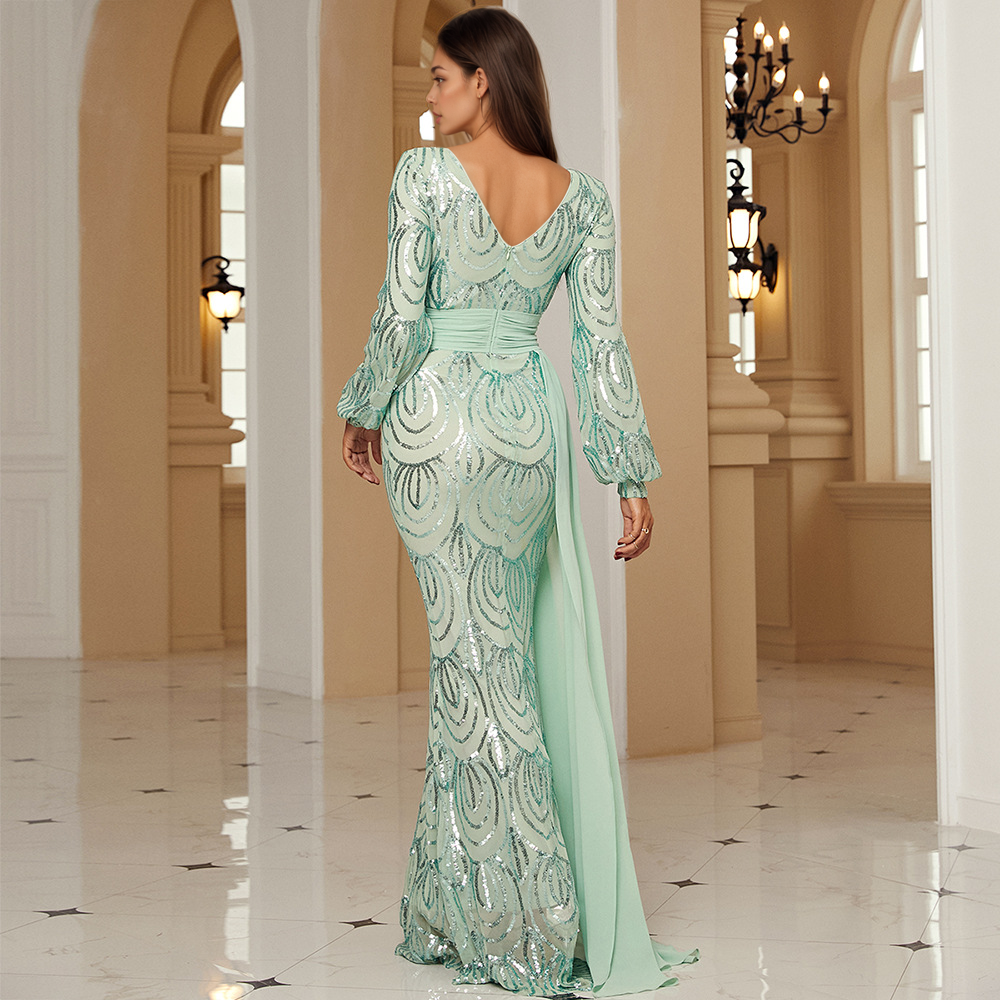 Long Sleeve V-Neck Sequin Prom Dress | Formal Mermaid Gown with Drape
