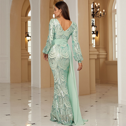 Long Sleeve V-Neck Sequin Prom Dress | Formal Mermaid Gown with Drape