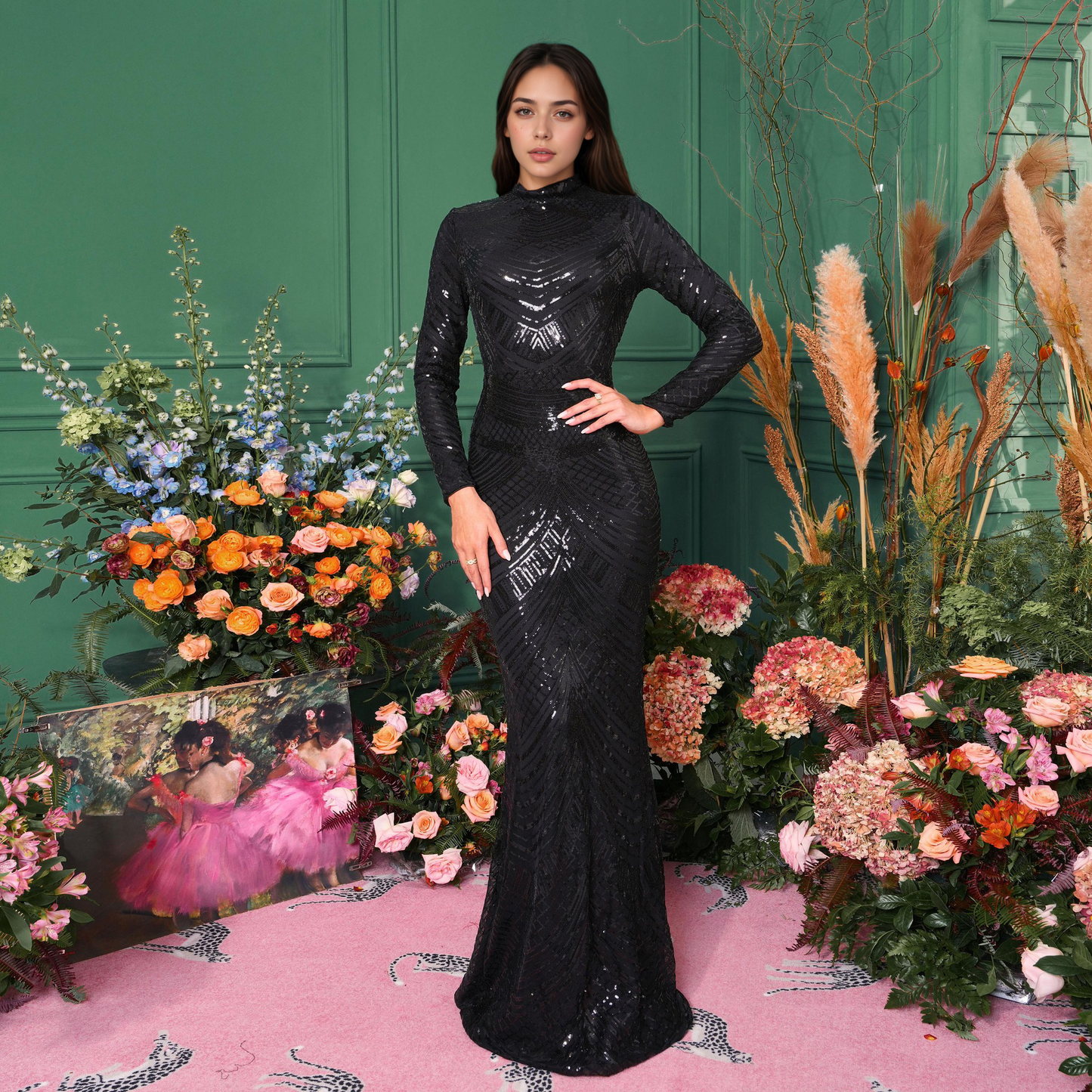 High Neck Long Sleeves Mermaid Sequined Formal Party Dress