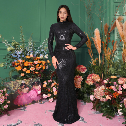 High Neck Long Sleeves Mermaid Sequined Formal Party Dress