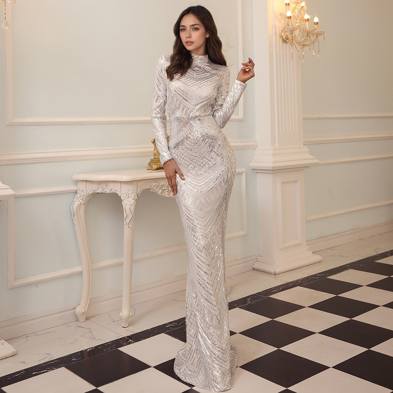 High Neck Long Sleeves Mermaid Sequined Formal Party Dress