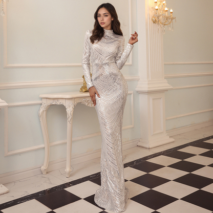 High Neck Long Sleeves Mermaid Sequined Formal Party Dress