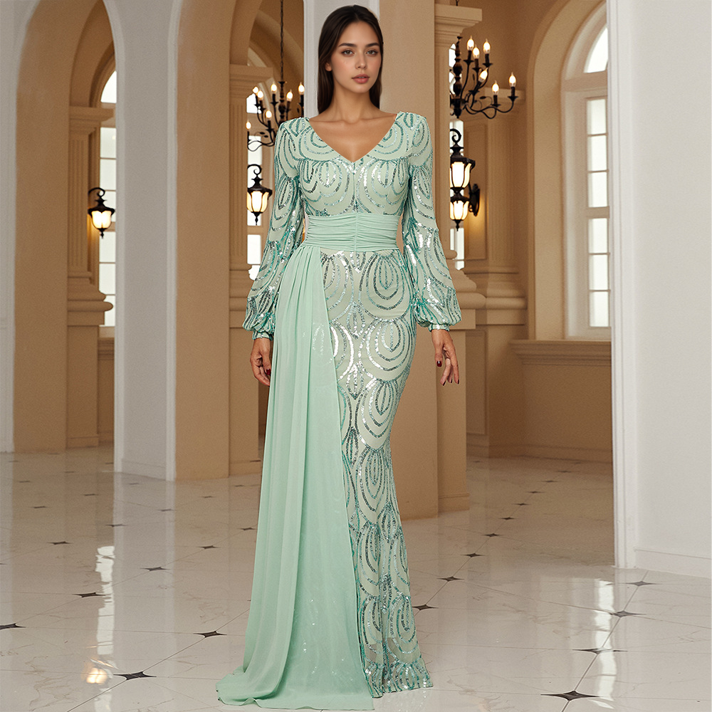 Long Sleeve V-Neck Sequin Prom Dress | Formal Mermaid Gown with Drape