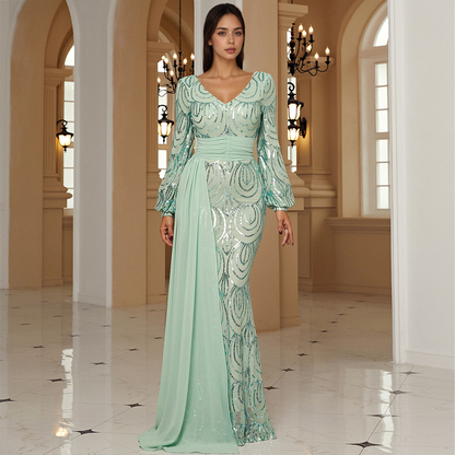 Long Sleeve V-Neck Sequin Prom Dress | Formal Mermaid Gown with Drape