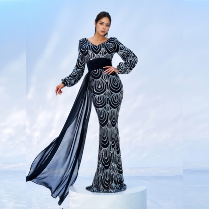 Long Sleeve V-Neck Sequin Prom Dress | Formal Mermaid Gown with Drape