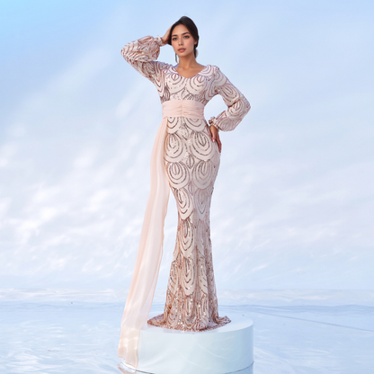 Long Sleeve V-Neck Sequin Prom Dress | Formal Mermaid Gown with Drape