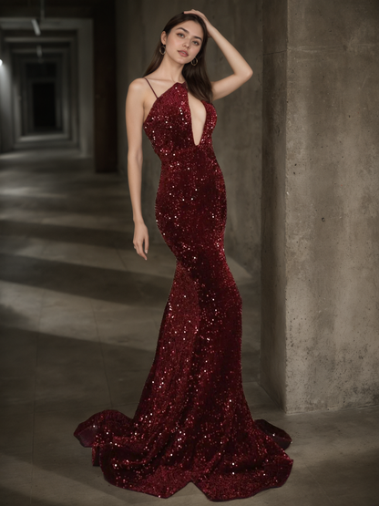One Shoulder Sequin Mermaid Prom Dress with Statement Puff Sleeve