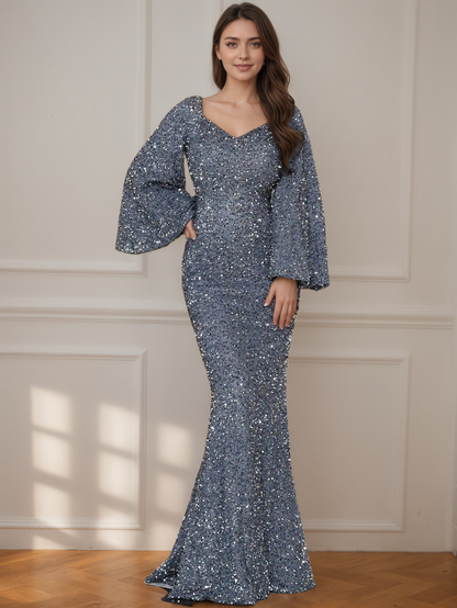 Long Sleeve Sequin V-Neck Mermaid Formal Dress