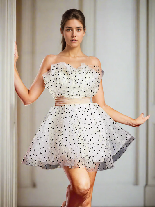 Strapless Polka Dot Tulle A-Line Mini Party Dress
