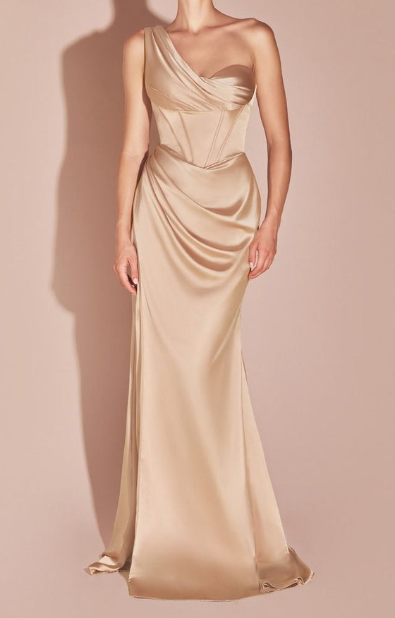 Champagne Corset Bridesmaid Dress | Asymmetrical Satin Gown