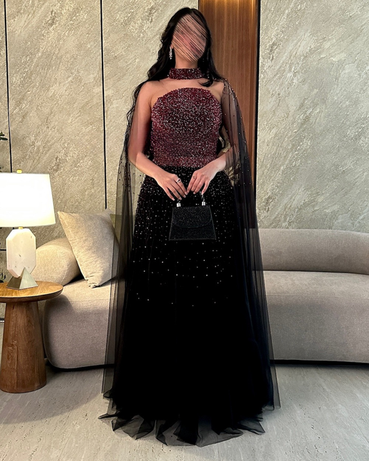 فستان سهرة أسود فاخر مع أحجار لامعة
