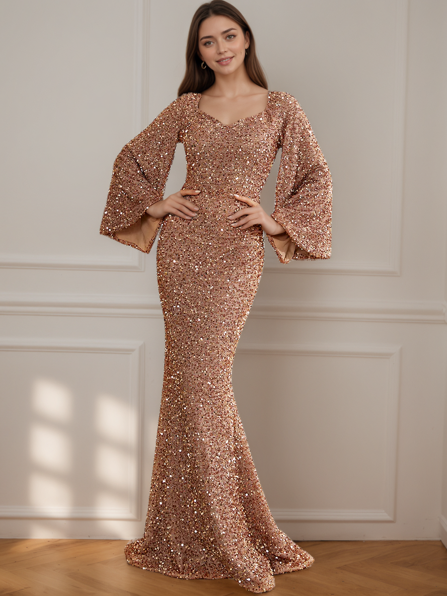 Long Sleeve Sequin V-Neck Mermaid Formal Dress