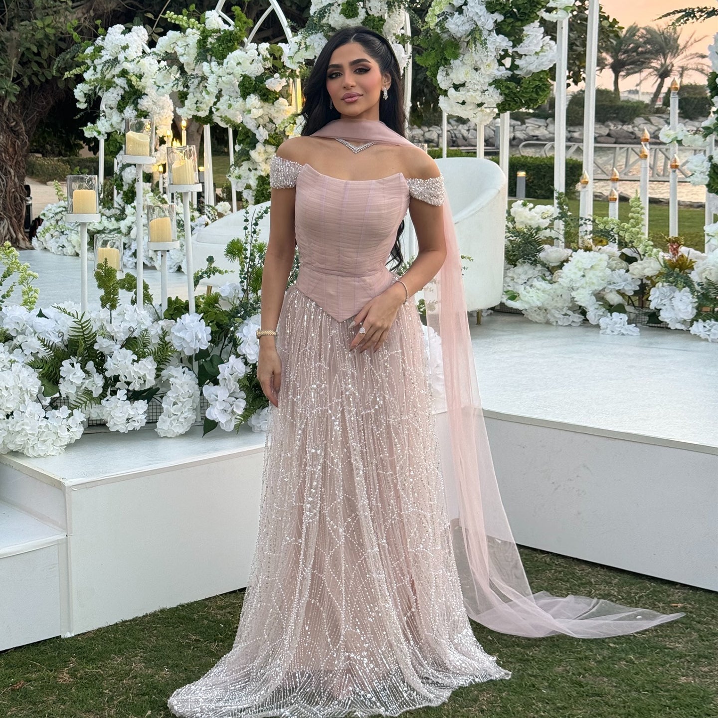 Romantic Beaded Pink Off Shoulder Evening Dress with Scarf