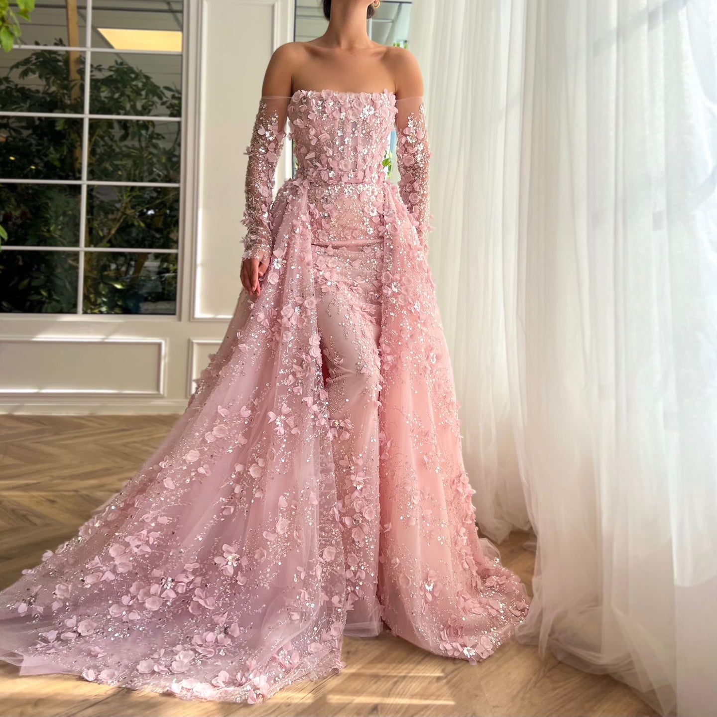 Elegant 3D Flowers Pink Evening Dress with Overskirt