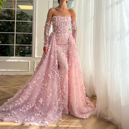 Elegant 3D Flowers Pink Evening Dress with Overskirt