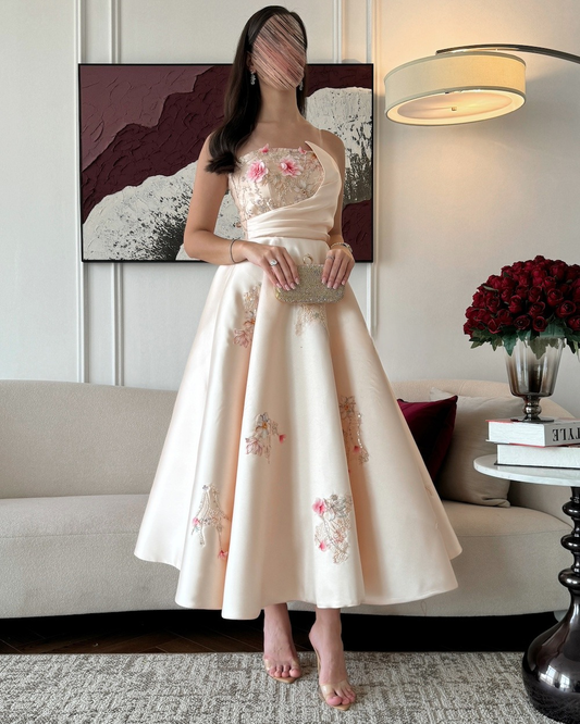 Beige Mikado evening dress with delicate floral embroidery