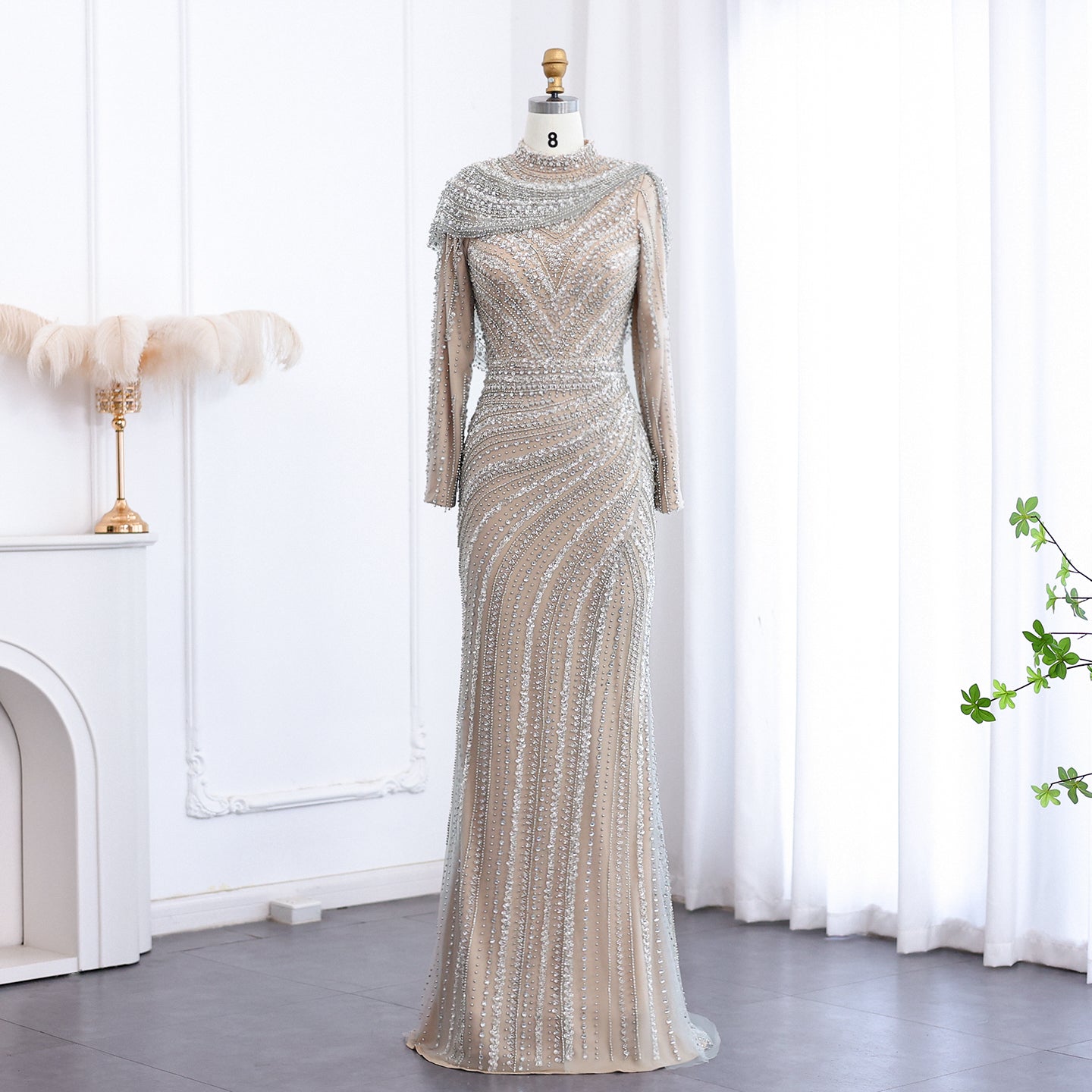 Luxury Beaded Silver Long Sleeves Evening Dress with Cape