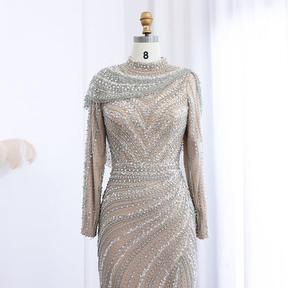 Luxury Beaded Silver Long Sleeves Evening Dress with Cape