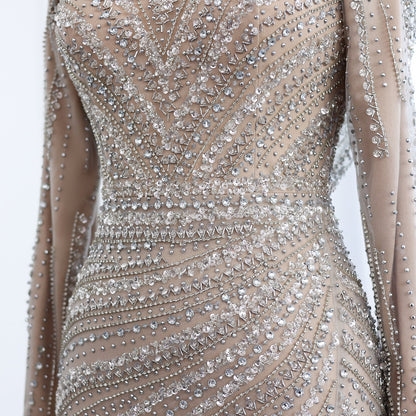 Luxury Beaded Silver Long Sleeves Evening Dress with Cape