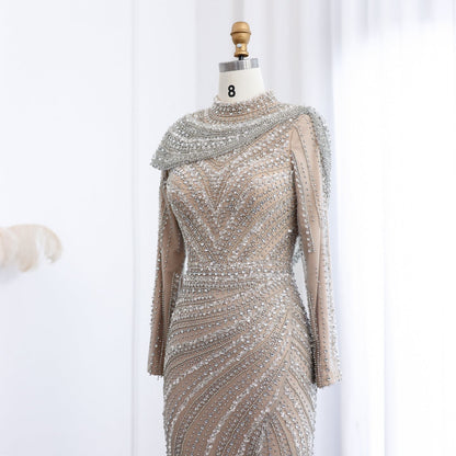 Luxury Beaded Silver Long Sleeves Evening Dress with Cape