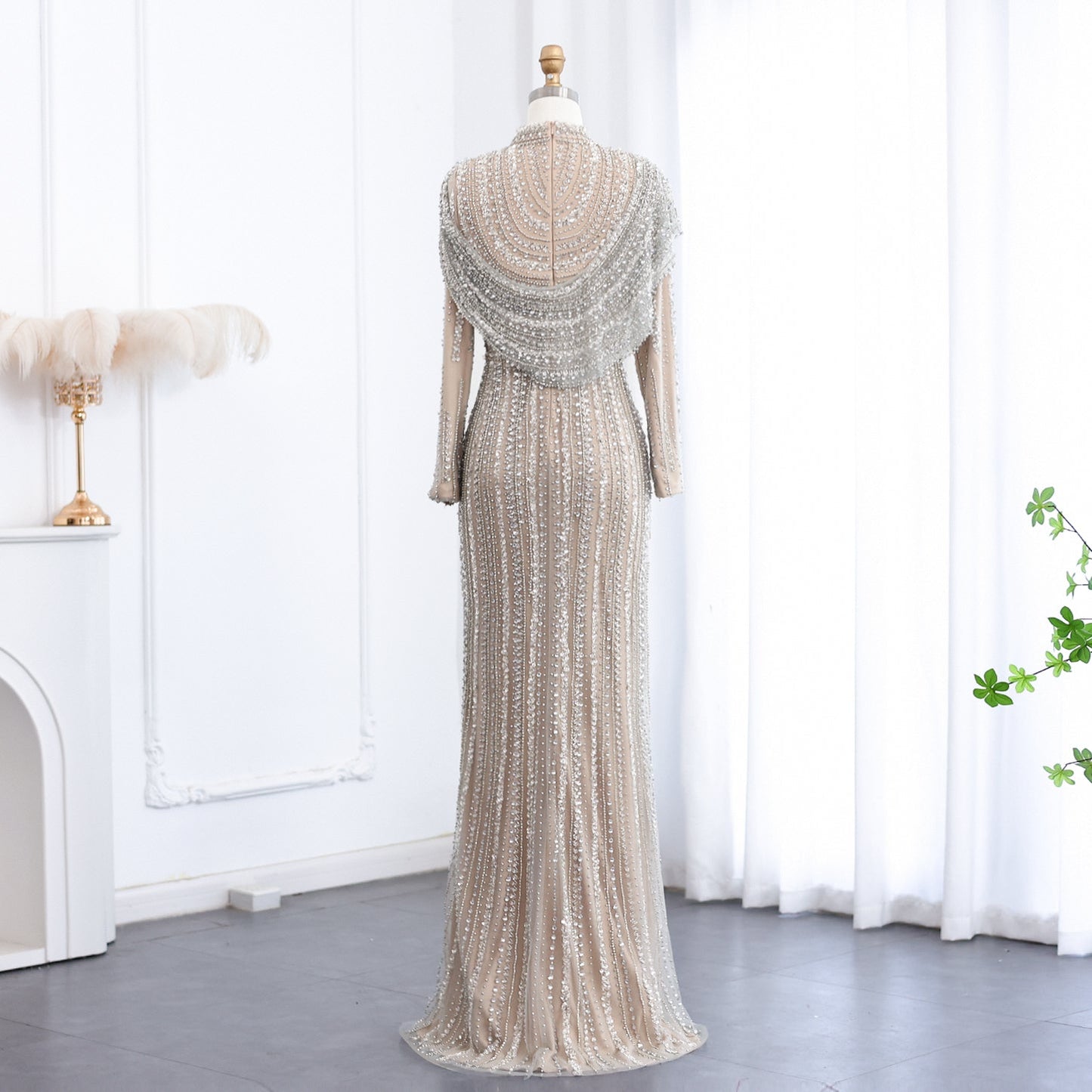 Luxury Beaded Silver Long Sleeves Evening Dress with Cape