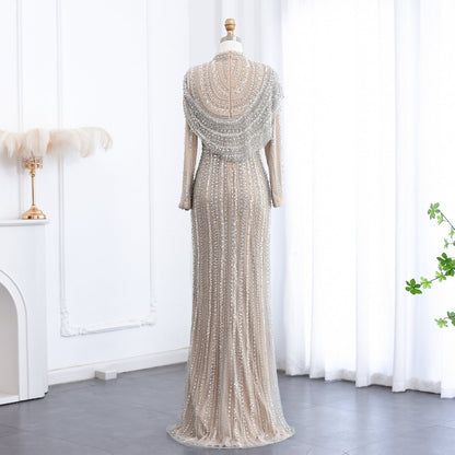 Luxury Beaded Silver Long Sleeves Evening Dress with Cape