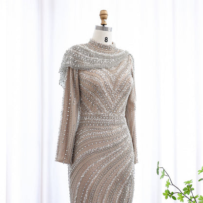 Luxury Beaded Silver Long Sleeves Evening Dress with Cape