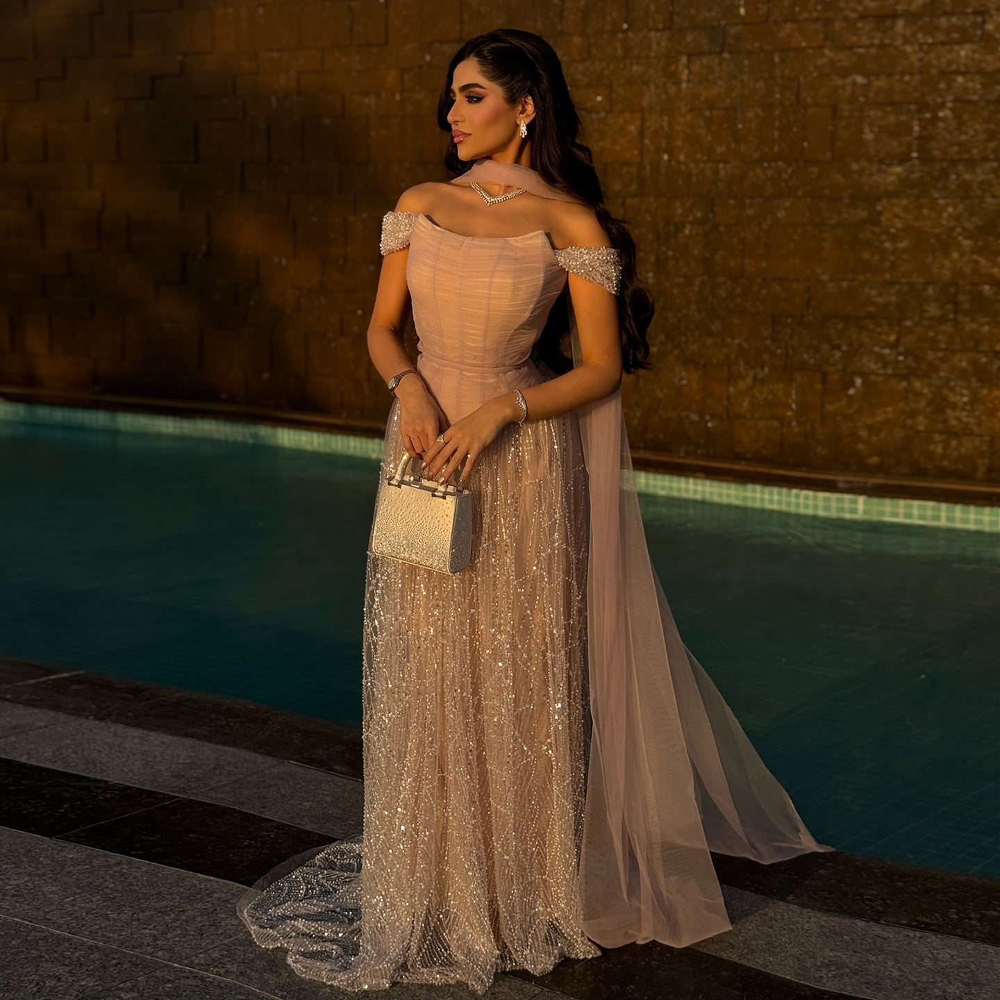 Romantic Beaded Pink Off Shoulder Evening Dress with Scarf