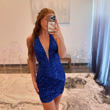 Bling Sheath Royal Blue Sequins Homecoming Dress