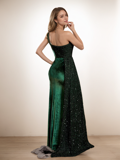One Shoulder Velvet Prom Dress with Sequin Drape & Thigh Split
