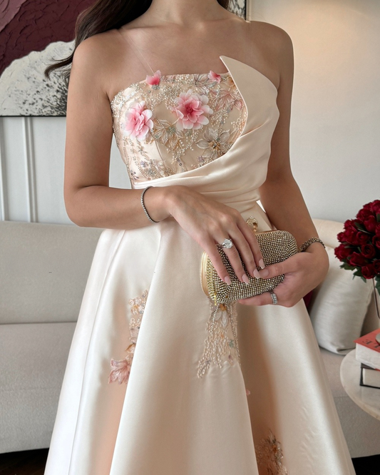 Beige Mikado evening dress with delicate floral embroidery