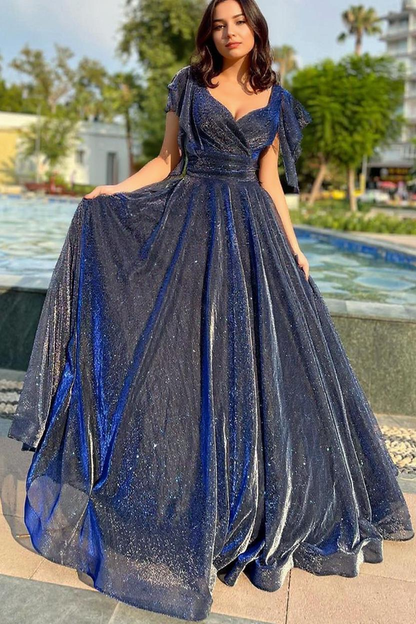Glitter Tulle A-Line Prom Dress with V-Neck & Flutter Sleeves