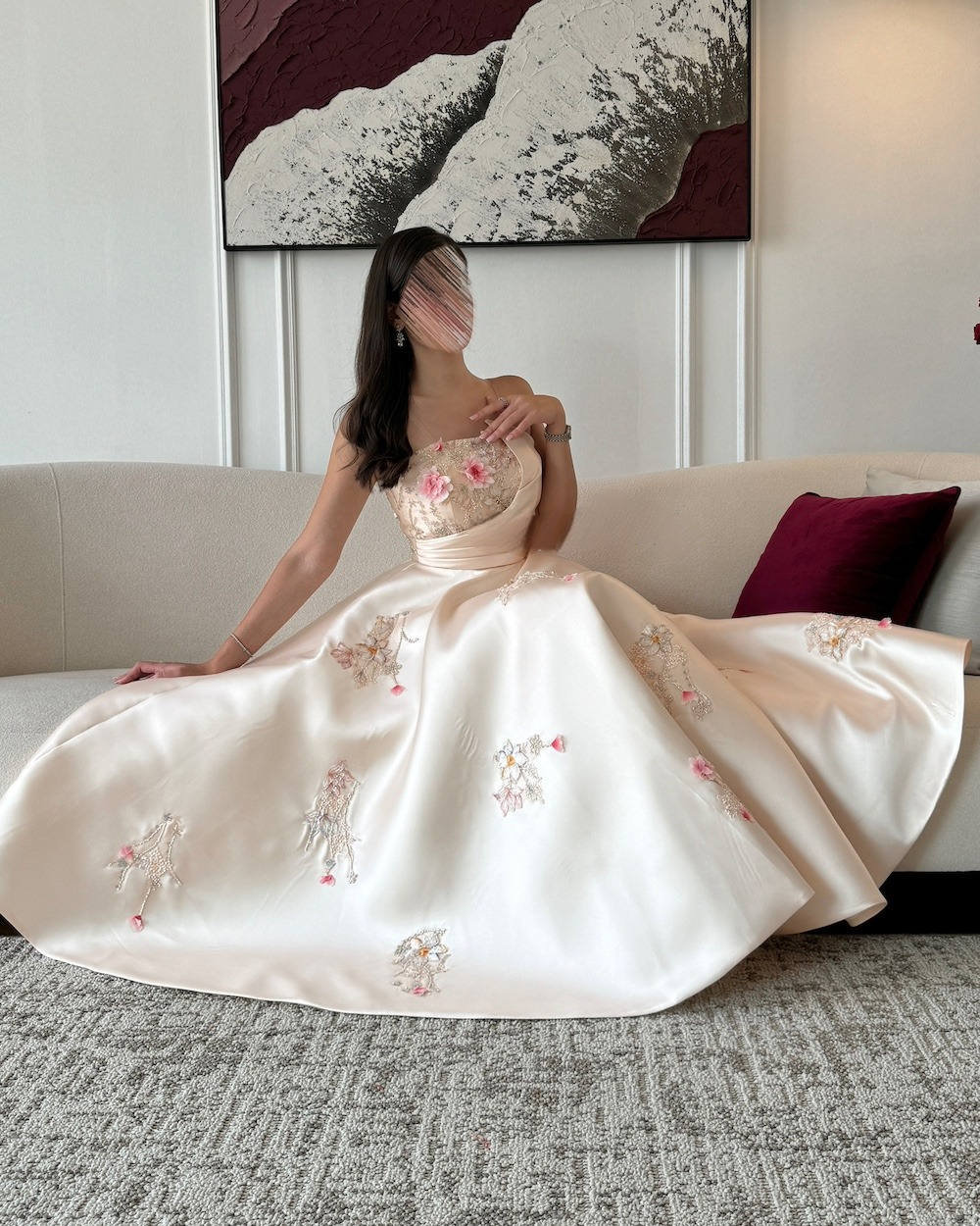 Beige Mikado evening dress with delicate floral embroidery