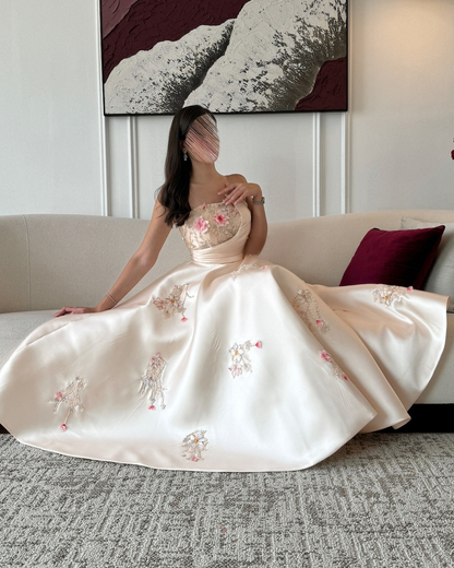 Beige Mikado evening dress with delicate floral embroidery