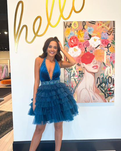 Stylish Blue Short Homecoming Dress with Beading Ruffles