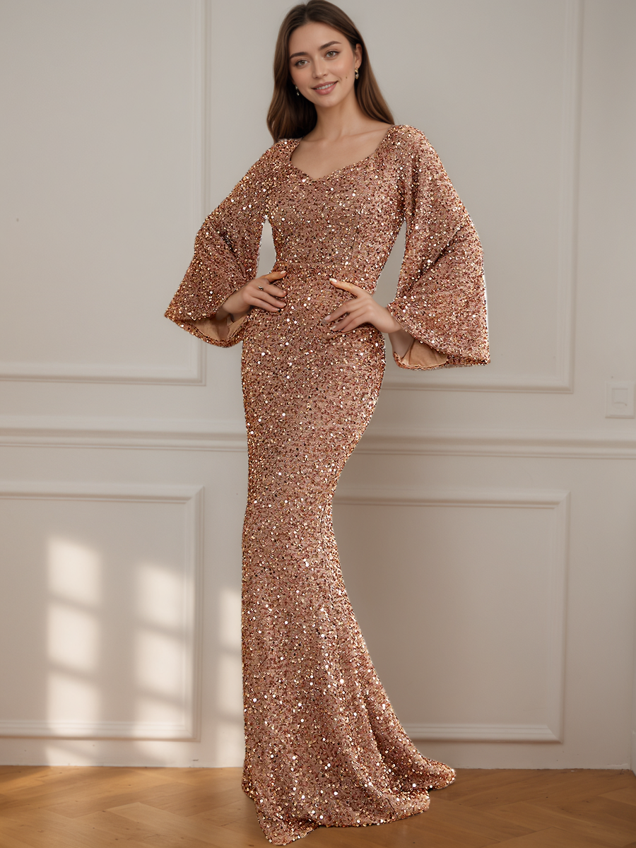 Long Sleeve Sequin V-Neck Mermaid Formal Dress