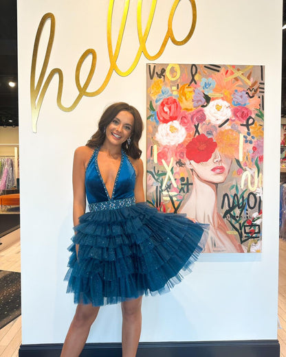 Stylish Blue Short Homecoming Dress with Beading Ruffles
