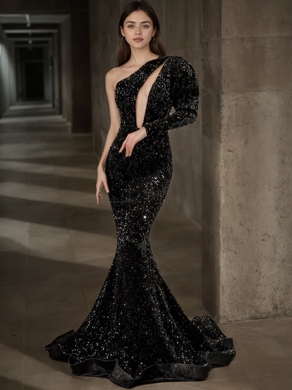 One Shoulder Sequin Mermaid Prom Dress with Statement Puff Sleeve