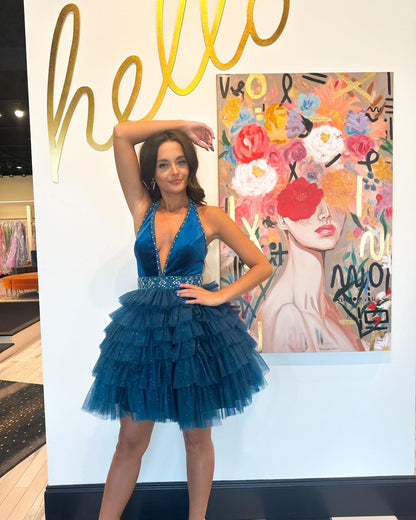 Stylish Blue Short Homecoming Dress with Beading Ruffles