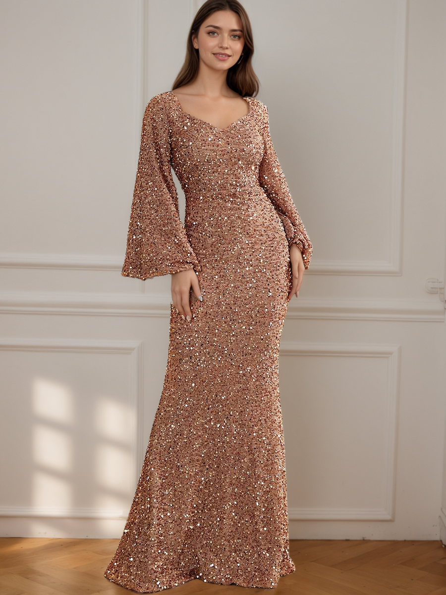 Long Sleeve Sequin V-Neck Mermaid Formal Dress