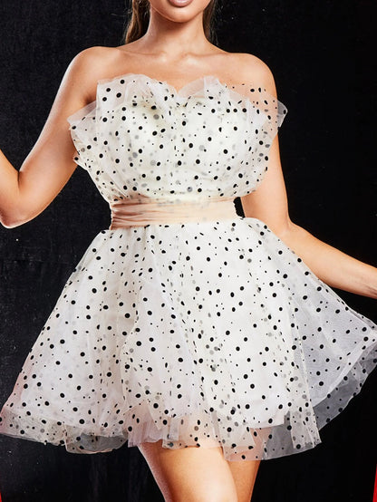 Strapless Polka Dot Tulle A-Line Mini Party Dress