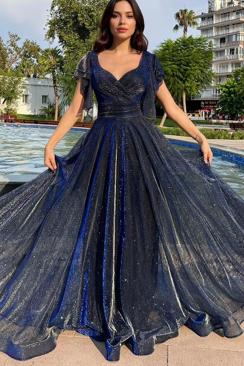 Glitter Tulle A-Line Prom Dress with V-Neck & Flutter Sleeves