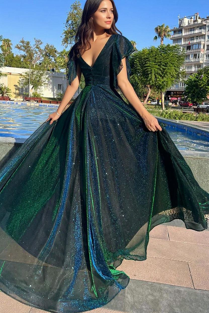 Glitter Tulle A-Line Prom Dress with V-Neck & Flutter Sleeves