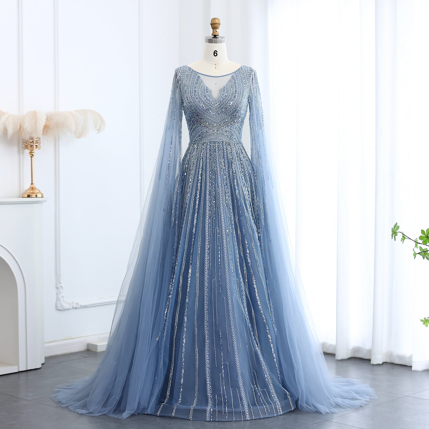 Luxury Gray Green Evening Dress with Cape Sleeves