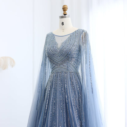 Luxury Gray Green Evening Dress with Cape Sleeves